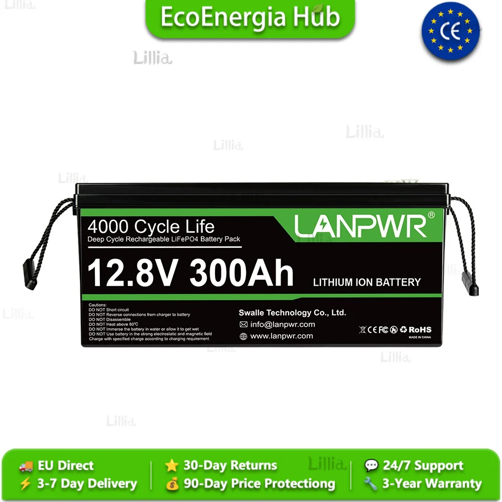 Batterie LiFePO4 LANPWR 12,8V 300Ah 3840Wh 4000 cycles profonds avec BMS 200A intégré, étanche IP65, large plage de températures, remplace les batteries au plomb pour l'énergie solaire, les camping-cars, les bateaux et les systèmes de secours domestiques.