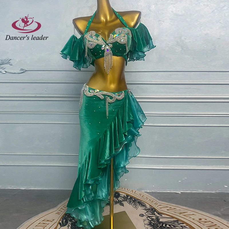 Belly Dance Costume For Women, Adults, And Children, High-End Green Diagonal Lace Skirt, Samba Performance High Flash Dress
