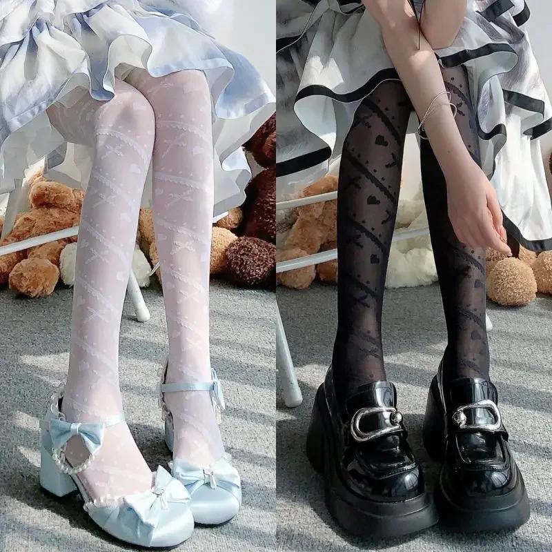 Collants en nylon résille en maille de dentelle douce Lolita sans couture pour femmes, collants d'été sexy, impression croisée de coeur, bas de corps, bonneterie féminine