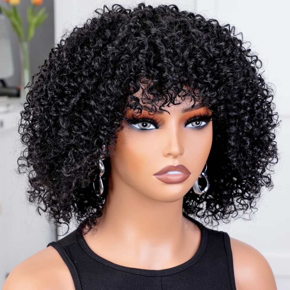 

Short Kinky Curly Human Hair Wigs with Bangs Wear to go Glueless Wig 250 Density Remy Brazilian Afro Curly Bangs Wig Human Hair