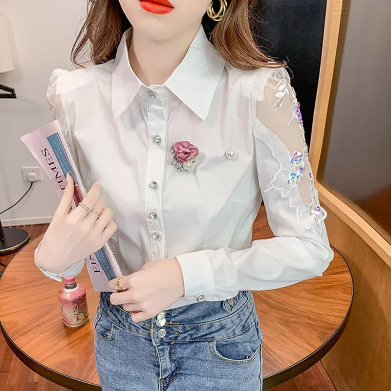 Spring Autumn POLO Collar Fashion Long Sleeve Shirt Women Hollow Out Button Patchwork Embroidered Cardigan Vintage Elegant Tops