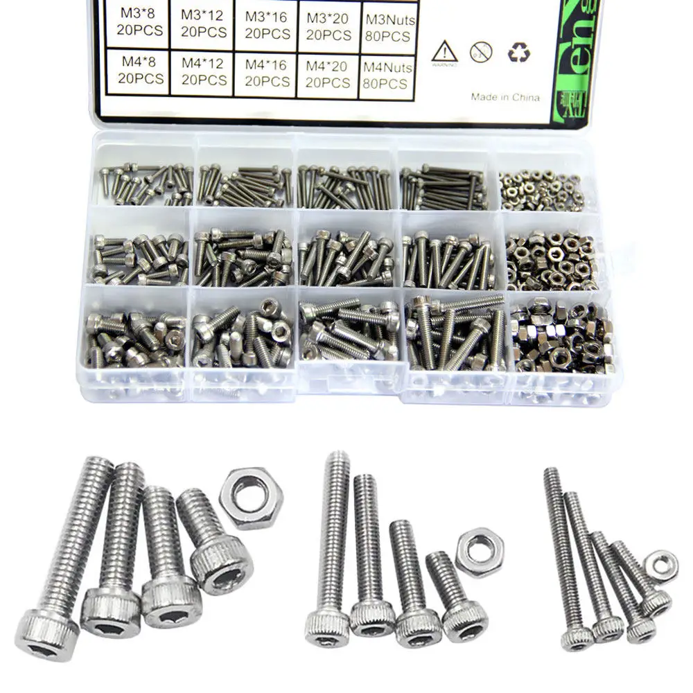 480Pcs 304 Stainless Steel Socket Head Screws Nuts Assortment Kit M2x8 M2x12 M2x16 M2x20 Metric Bolts Fasteners for Computer