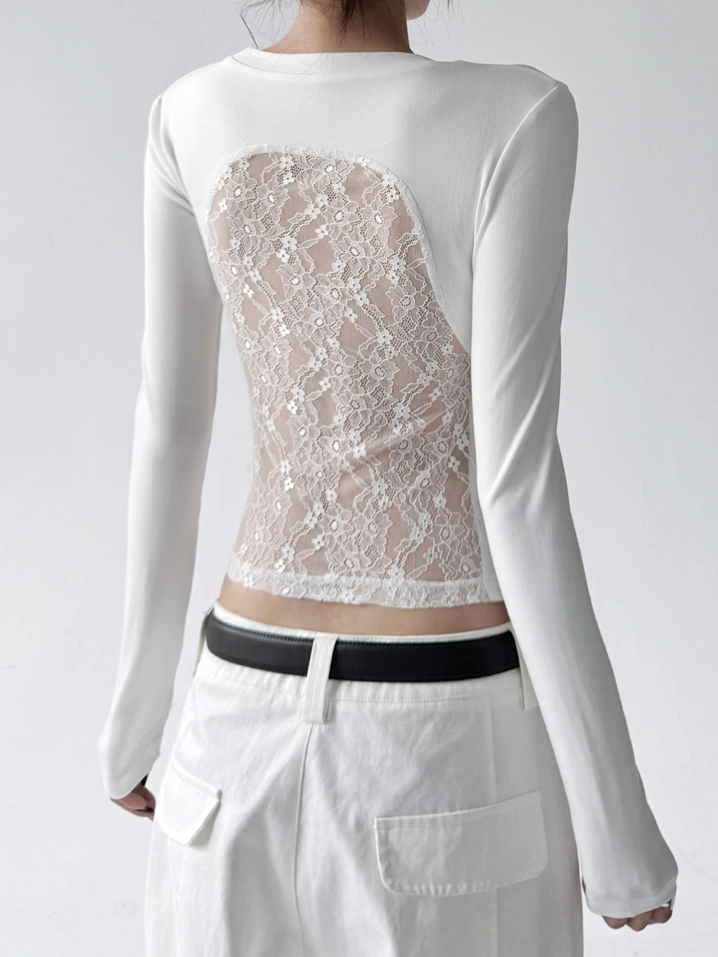 2025 outono novo sle feminino fino ajuste longo sve camiseta renda retalhos base irt casual wear para campus escritório e ci caminhada