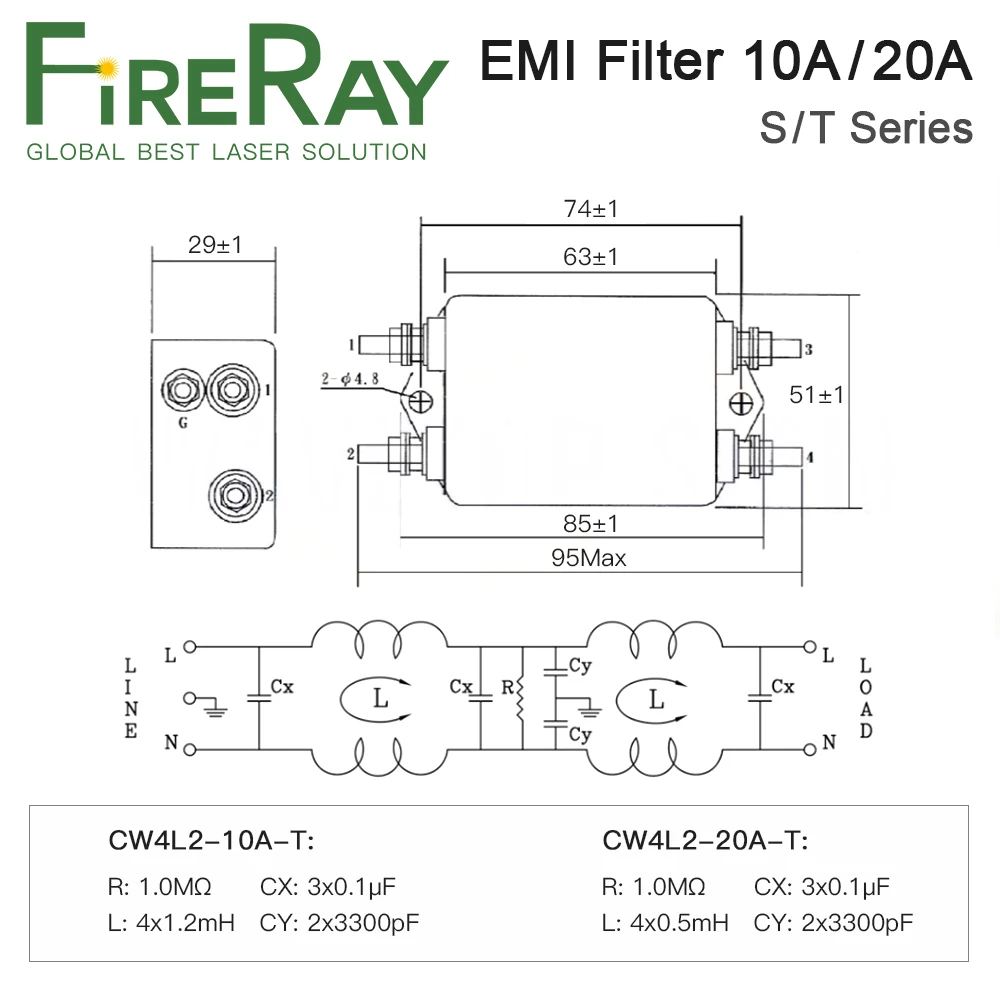 FireRay Power EMI Filter CW4L2-10A-T/S CW4L2-20A-T/S Single Phase AC 115V / 250V 20A 50/60Hz
