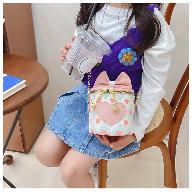 Lovely Girls Chain Crossbody Bags Bowknot Heart Children's Shoulder Bag Fashion Bucket Coin Purses and Handbags for Kids Baby