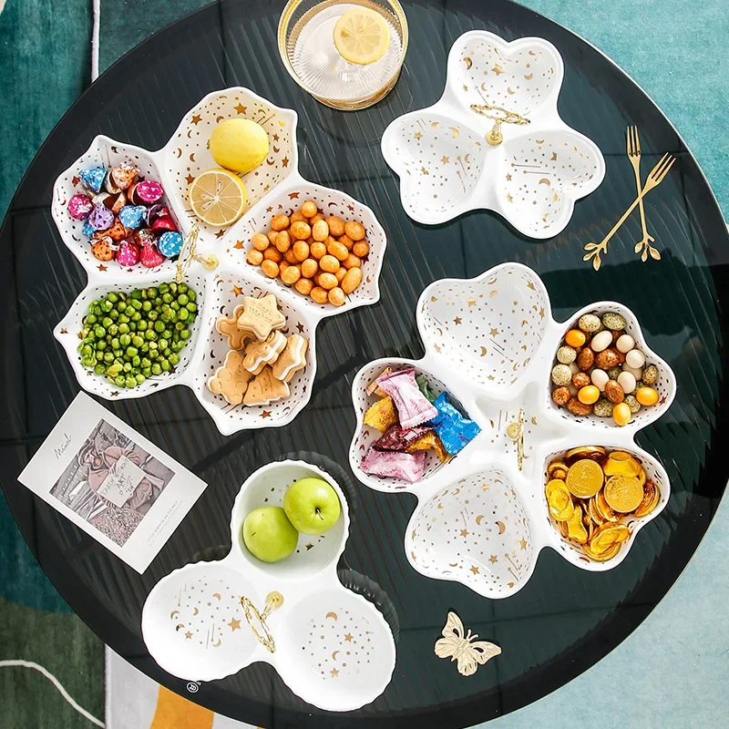 Nordic star and moon flower-shaped snack plate, household ceramic grid dried fruit snack plate, creative love-shaped fruit plate