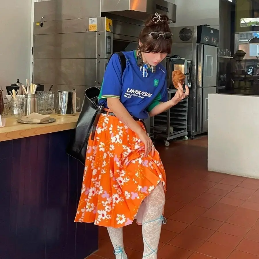 Gedrukte dubbele plooirok Vintage Y2k mode A-lijn rokken Contrasterende kleur MIDI-jurk Dameskleding Koreaanse rokken