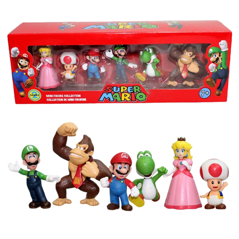 6Pcs/Set 4-7cm Super Mario Bros PVC Action Figure Toys Dolls Model Set Luigi Yoshi Donkey Kong Mushroom for kids birthday gifts