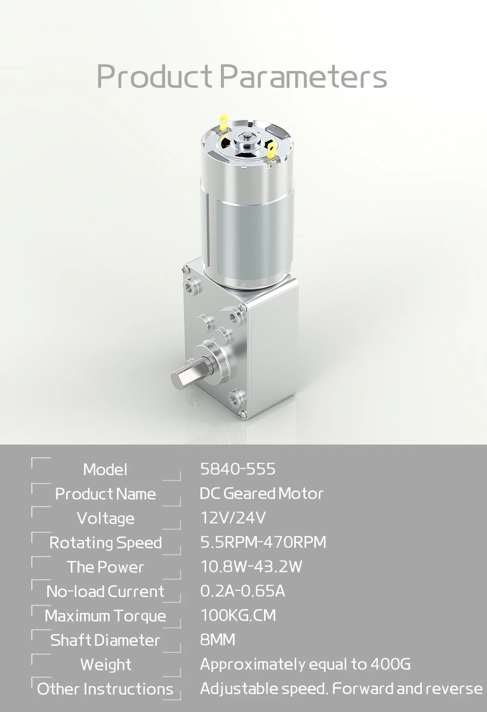 5840-555 Mikro-DC-Bürstenmotor 470RPM~7RPM 12V~24V Drehzahlregelbar Vorwärts- und Rückwärtsschaltung Drehmoment 100KG.CM Getriebemotor – Detail 16