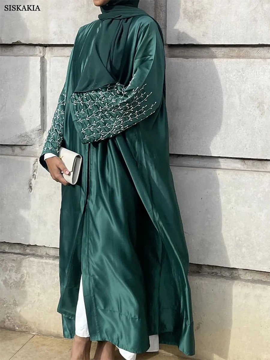 Siskakia Solid Handwork Beaded Kimono Abaya for Women Daily Gatherings Modest Muslim Moroccan Kaftan Dubai Covered Button Robe