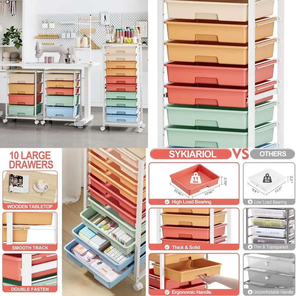 10-Drawer Mobile Storage Cart with Wooden Top for Classroom and Craft Organization