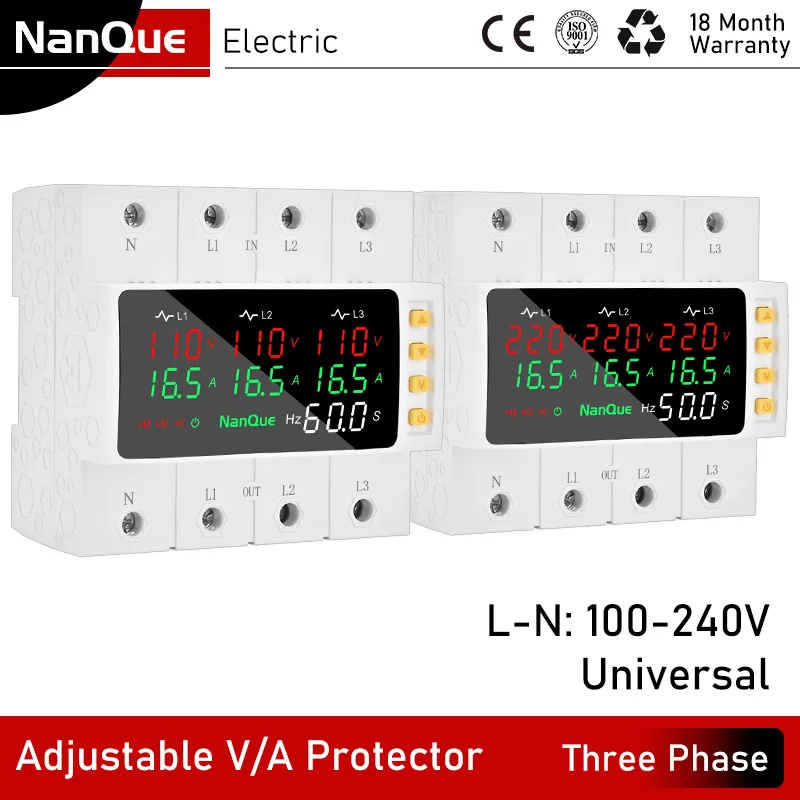 Three Phase 3PN Adjustable Voltage Current Protector AC100-240 200-440V Phase Asymmetry Sequence Error Protect Volt Amp Meter