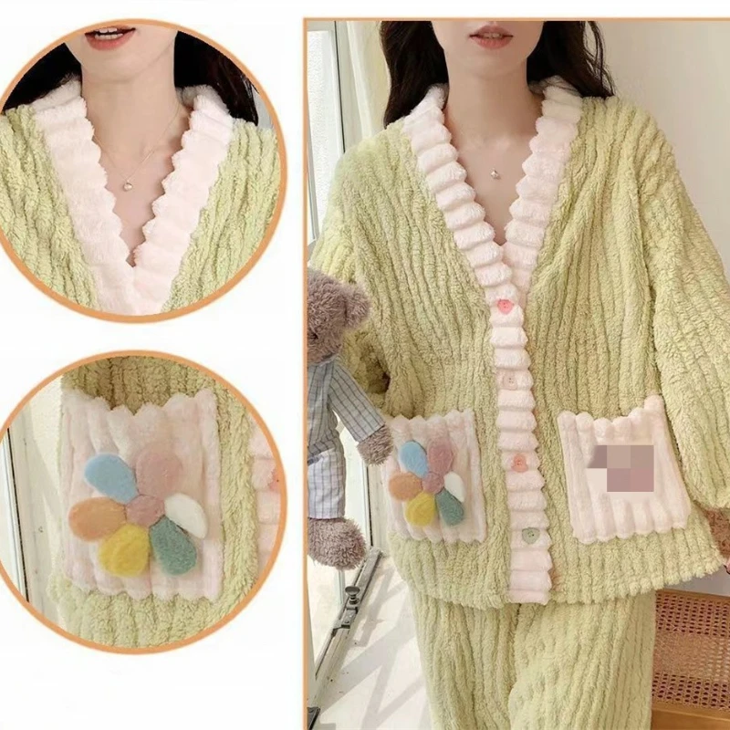 New Winter Cute Girls Pajama Sets Flannel Fleece Thicken Warm Women Homewear Coral Velvet Button Fly Sleepwear Cute 2Pcs Pajamas