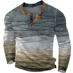 Color Block koszula typu Henley Gradient 3D odzież uliczna z nadrukiem męskie modny guzik w dół koszulka z długim rękawem męskie koszulki