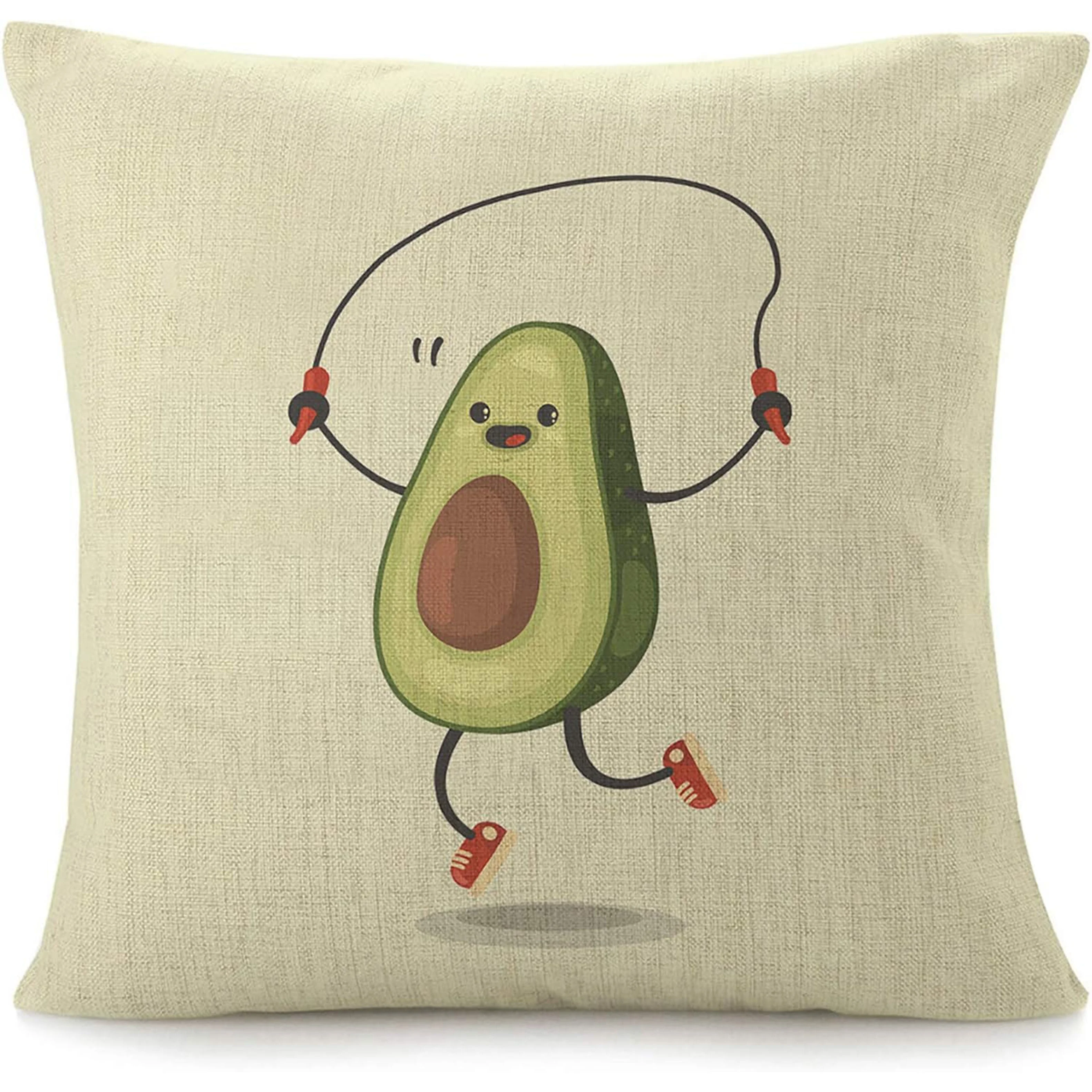 1pc, Throw Pillow Covers For Couch Cute Avocado Cartoon Character Jump Rope Exercises Decorative Square Bed Sofa Pillows Case Funny Fruit Comic Kawaii Summer Nature Linen Cushion Cover 16x16, 18 X 18, 20x20 Inch