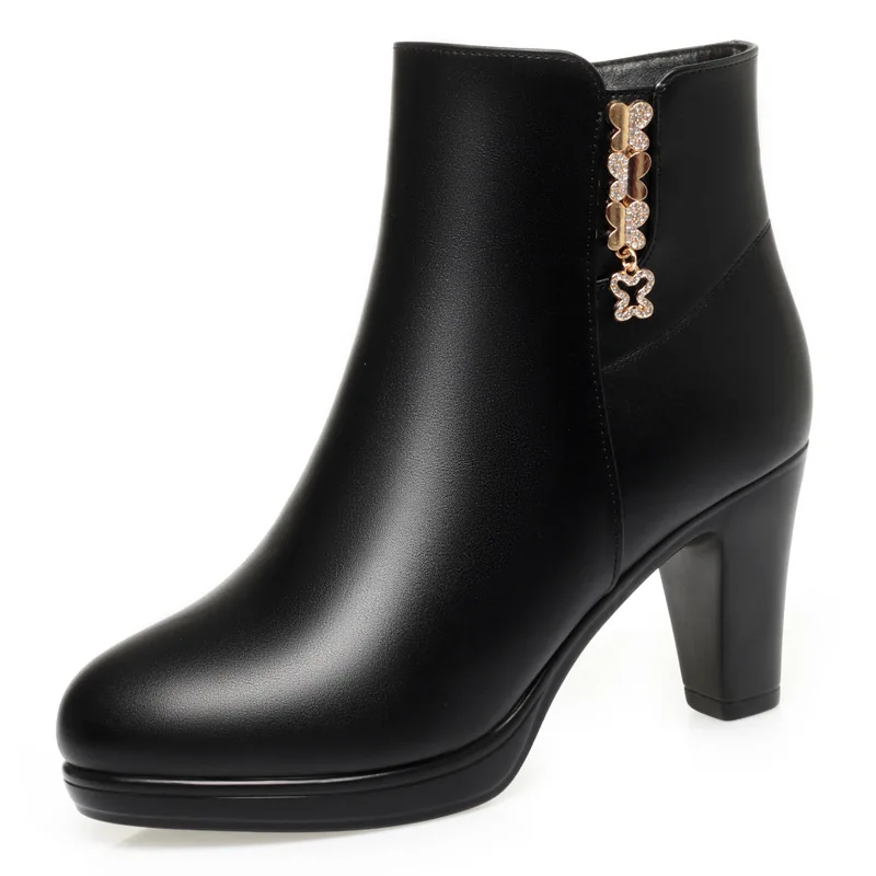 6cm 7.5cm British Style Elegant Soft Leather Boots Women\'s Block Med heels Shoes 2025 Winter Black Warm Short Fur Ankle Boots
