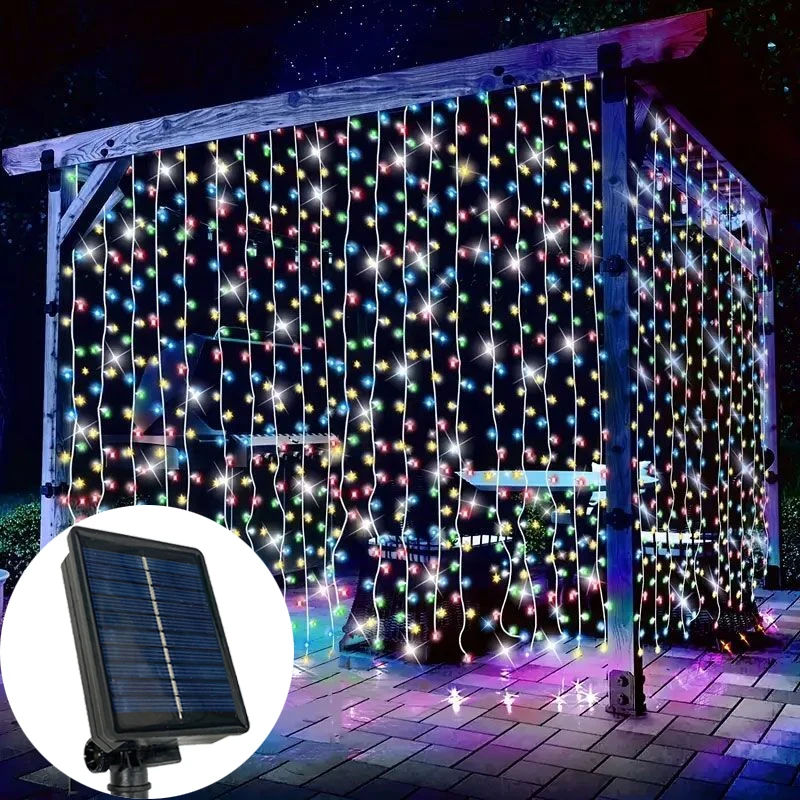 1pc Solar Curtain String Lights Fairy Lights 8 Mode Holiday Garland Lamp Outdoor Yard Christmas Wedding Decor String Lights