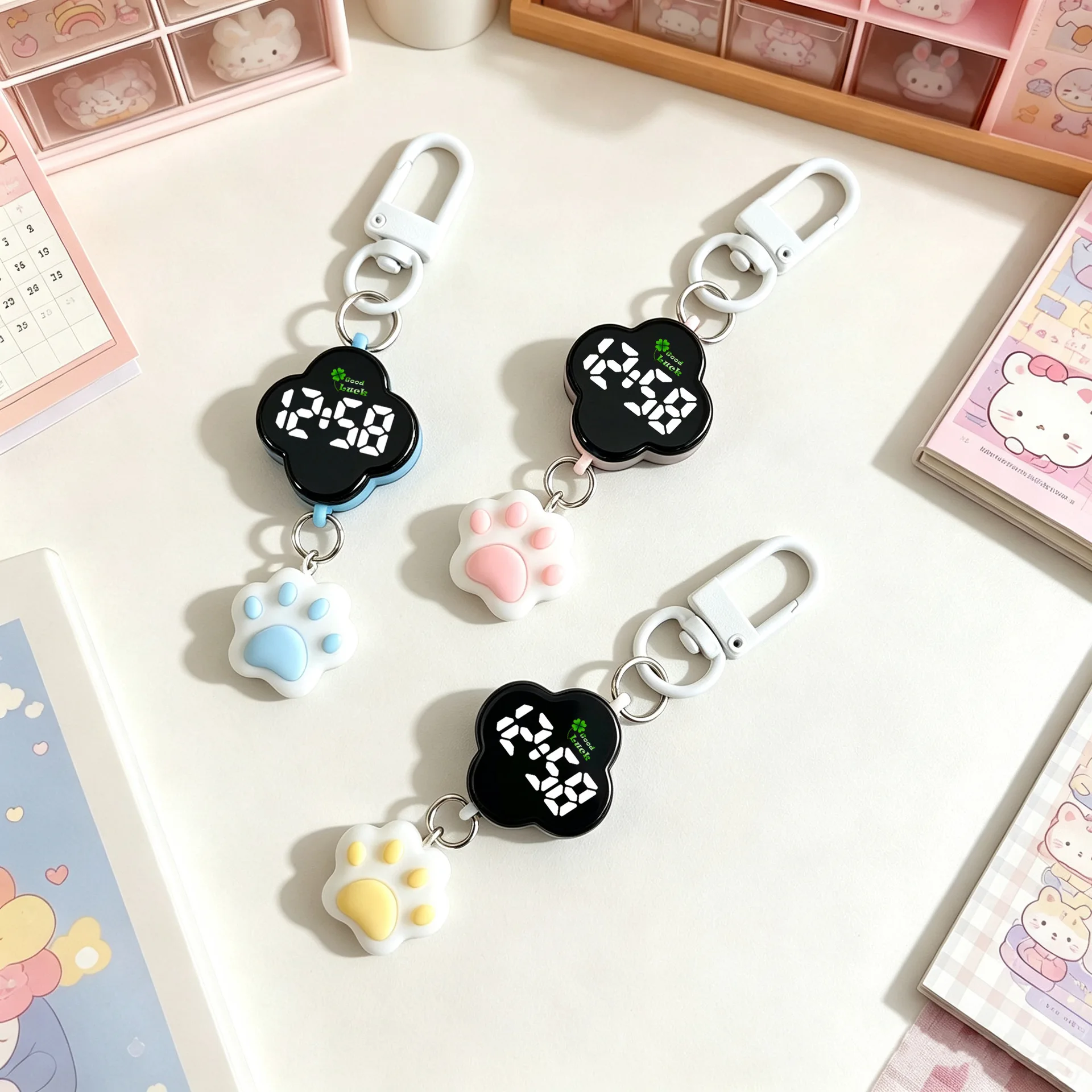 Cute Cat Paw LED Keychain Watches Women Four Leaf Clover Digital Hanging Clock Backpack Pendant Watch for Students Kids