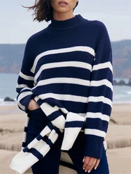 Navy Blue Striped Knit Sweater Female Jumpers Long Sleeve Knitting Pullovers Women Tops New In Knitwears Autumn Winter Sweaters