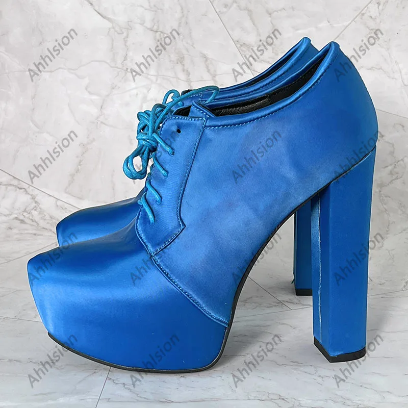 Ahhlsion New Women Spring Pumps Chunky Heels Round Toe Lace Up Pretty Blue Satin Cosplay Shoes Ladies US Plus Size 5-20