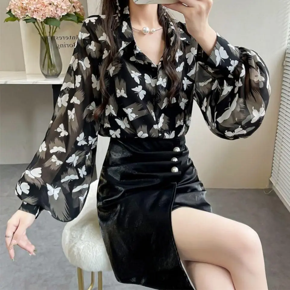 Temperament Top Tee 2024 New Spring Autumn Loose Printing Lantern Sleeve Blouse Ladies Turn-down Collar Women\'s Shirt Fashion