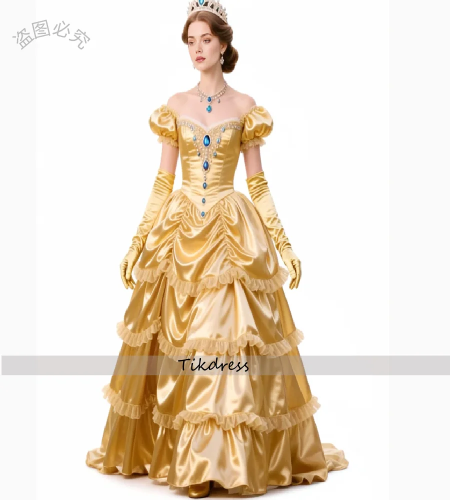 Suknia wieczorowa w stylu elżbietańskim, złota, średniowieczna, z krótkim rękawem, warstwowa, koronkowa, wiktoriańska, renesansowa, na bal, kostium na imprezę, 2026