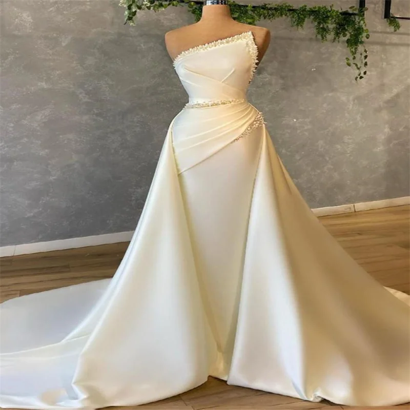 MULONG Ivory Satin Elegant Long Mermaid Prom Dress For Women Formal Party Gown Strapless Beadeds Wedding Guest Evening Dresses