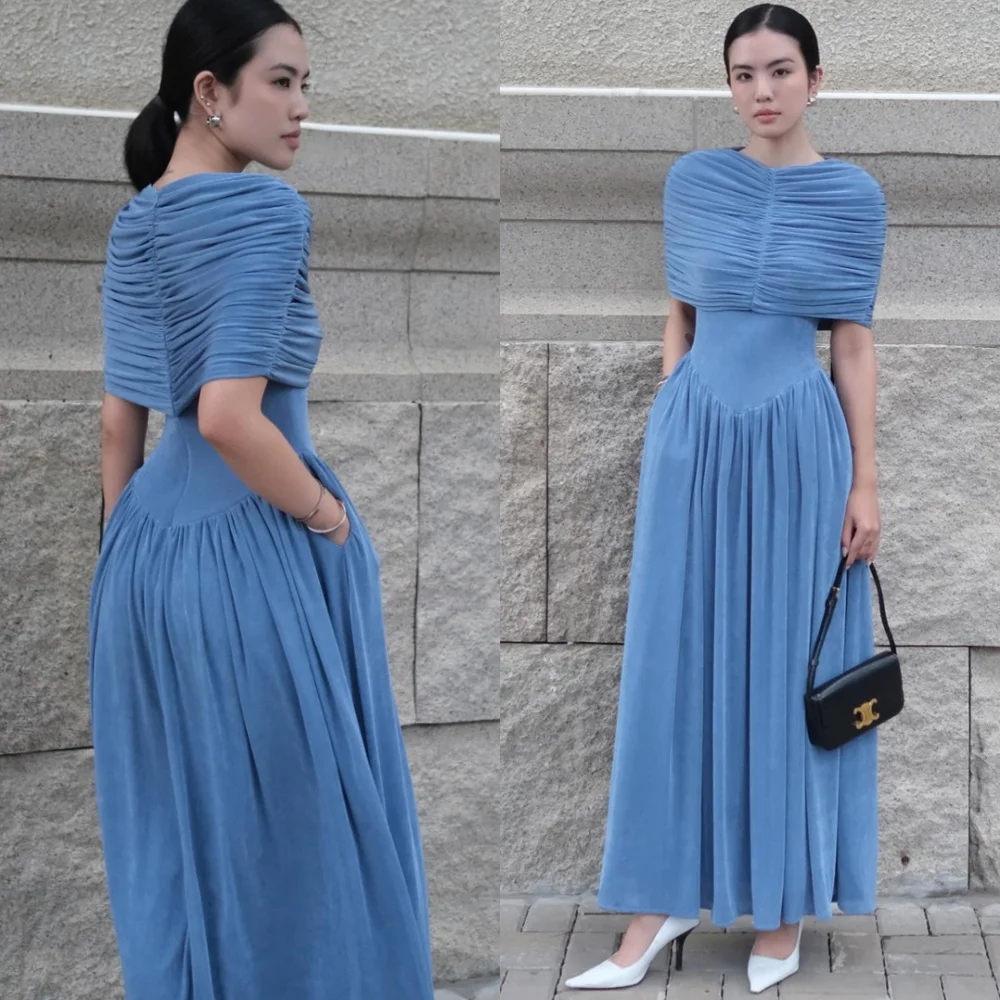 

Customized Elegant Blue Chiffon Evening Dress Classic O-Neck Short Sleeves Homecoming Dresses Elegant Special Occasion Gowns