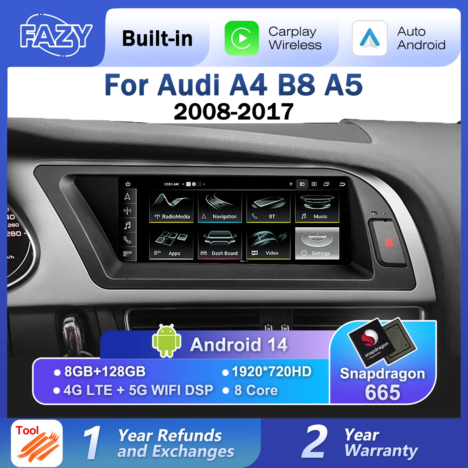 Автомобильное радио Carplay на Android 14 для Audi A4 B8 A5 2008-2017 GPS автомобильный IPS экран интеллектуальная система центральный мультимедийный DSP