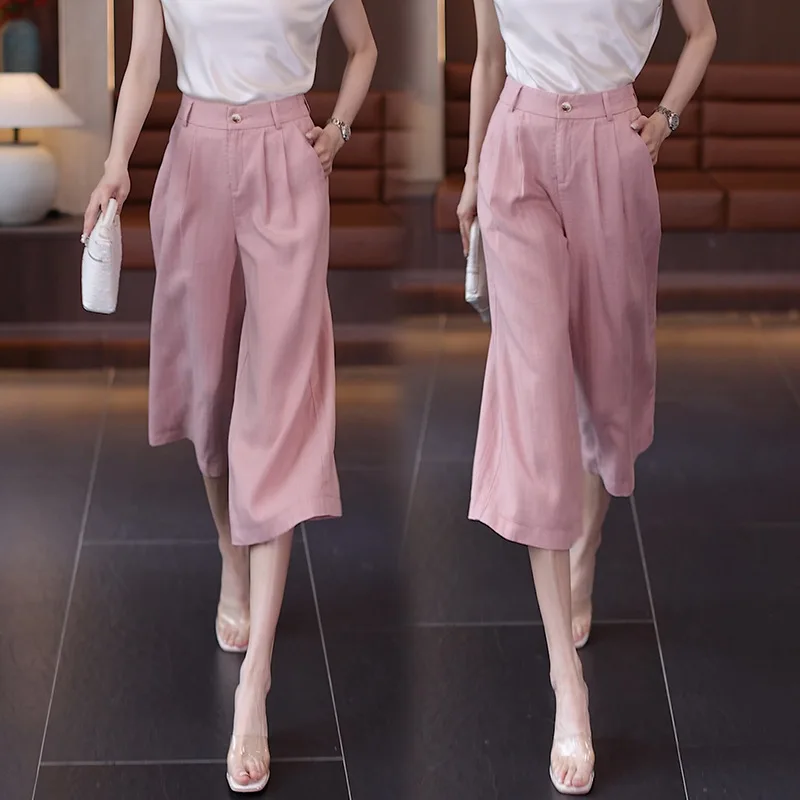 

Tencel Linen Cropped Wide-Leg Pants Women's Summer Thin 2024 New High Waist Slimming Cropped Cotton and Linen Casual Straight Pa