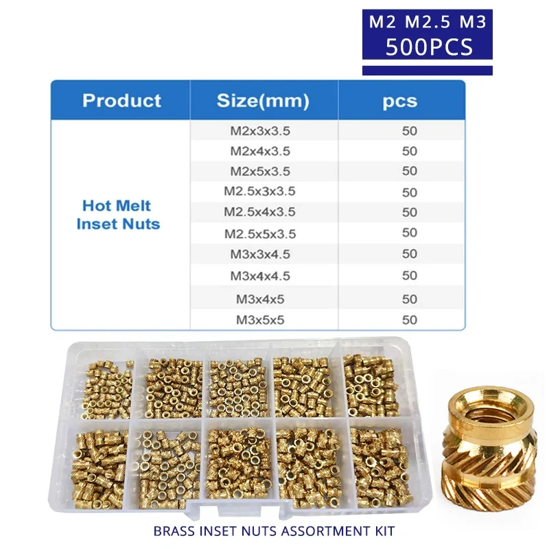 M2 M2.5 M3 M4 M5 M6 Brass Heat Set Insert Nut Hot Melt Inset Thread Copper Knurled Embedment Assortment Kit Set
