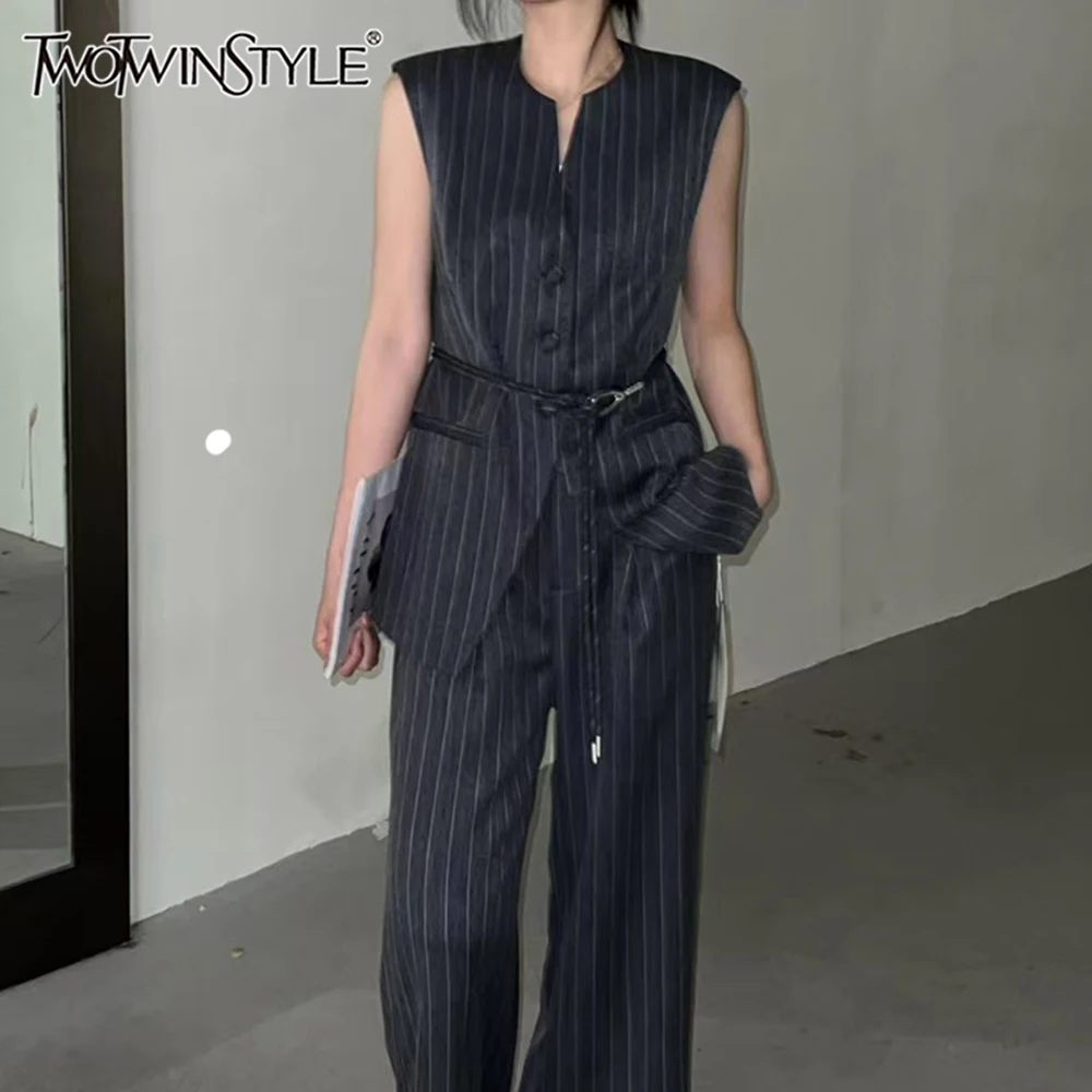 

TWOTWINSTYLE Hit Color Striped Two Piece Set For Women V Neck Sleeveless Spliced Lace Up Vest High Waist Pant Chic Sets Female