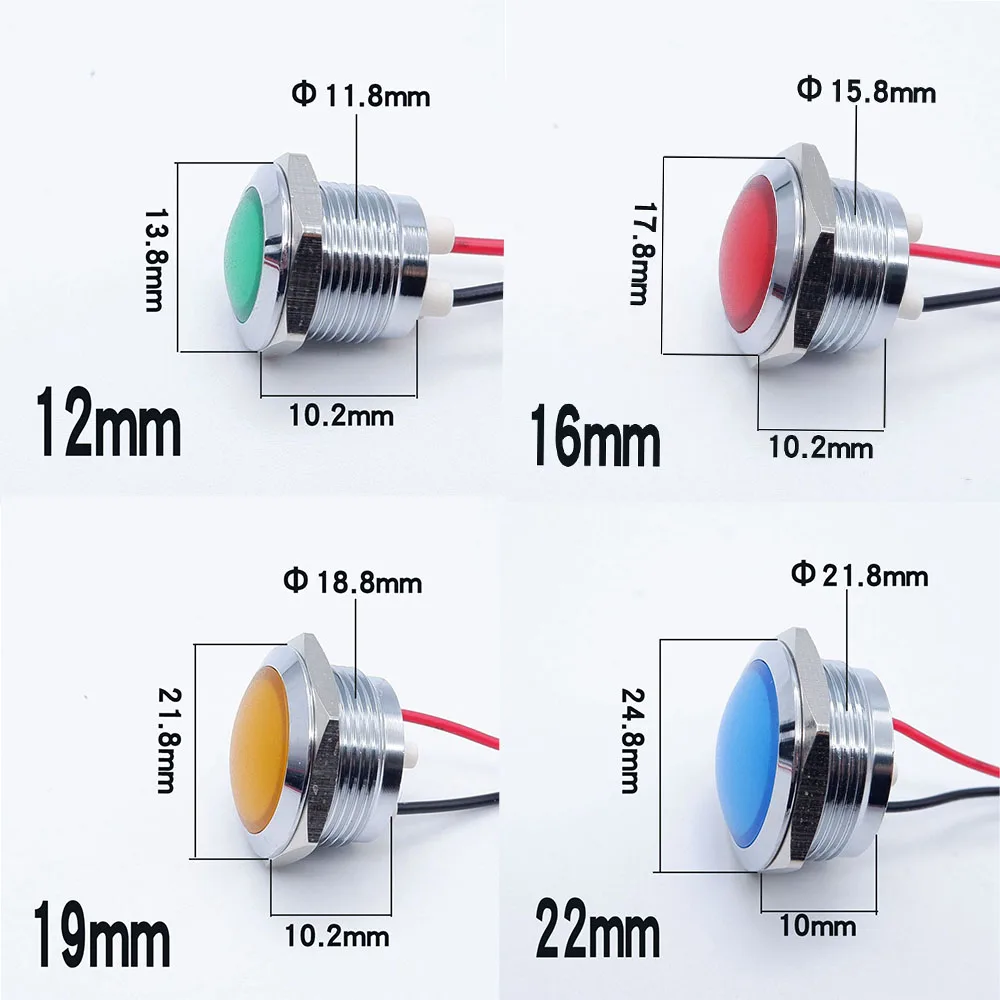 10pcs 12/16/19/22mm Metal LED Indicator Light Red Orange Blue Green White Panel Mount 5v 12V 24v Waterproof  Round Signal Lamp