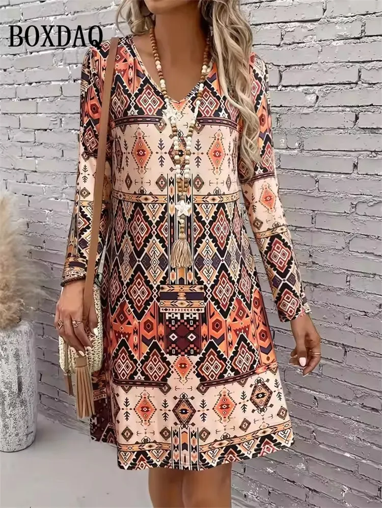 Autumn Women's Geometric Pattern Print Long Sleeve Dress For Autumn Retro V-Neck Loose A-Line Dresses Women Bohemia Mini Dresses