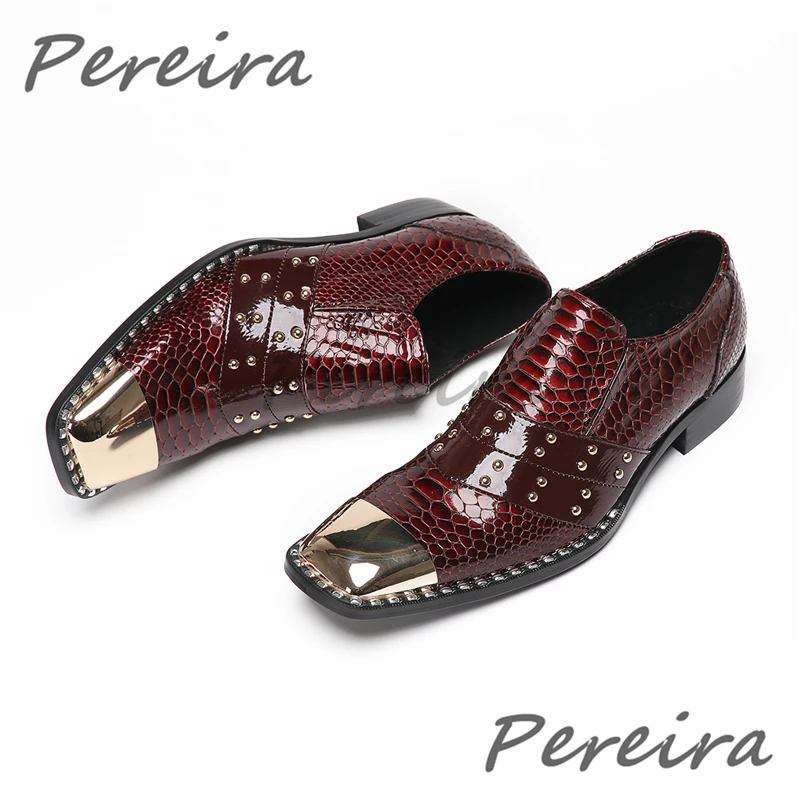 

Metal Square Toe Rivet Men's Chelsea Shoes Snake Pattern Patent Leather Business Dress Shoes Summer New for Party Banquet