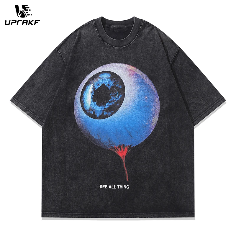 UPRAKF Streetwear T Shirts Vintage Cotton Washed Loose Big Eye Graphic Print Tee Short Sleeve Casual O Neck Summer Trendy