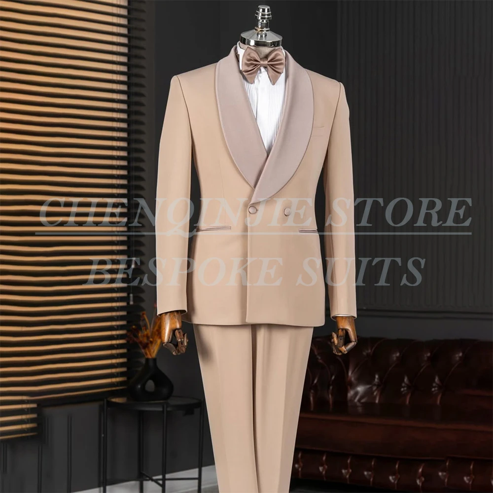 

High Quality Shawl Lapel Men's Suits Elegant Double Breasted Regular Length Blazer Formal Wedding 2 Piece Jacket Pants Outfits