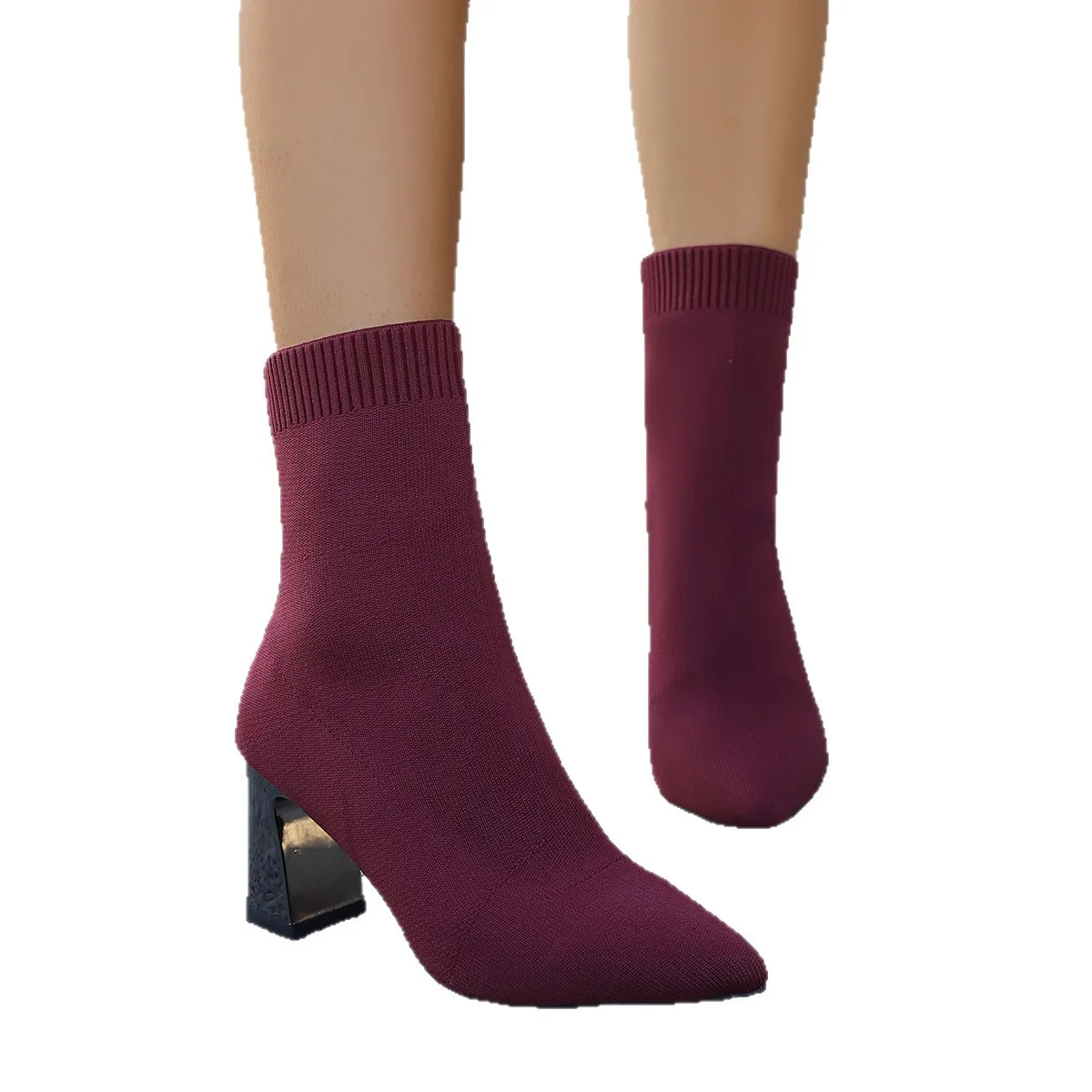 Botas tipo calcetín de tacón alto con punta estrecha para mujer, botas de punto transpirables marrones, zapatos de fiesta sexys de tacón grueso para otoño 2025