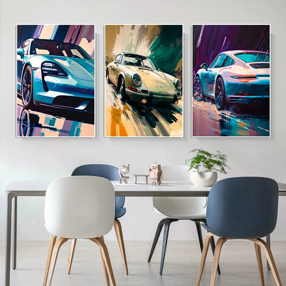 Abstract Luxury Sports Car 911 GT3 RS Graffiti Canvas Painting Modern Colorful Racing Poster Supercar Club Wall Art Room Decor