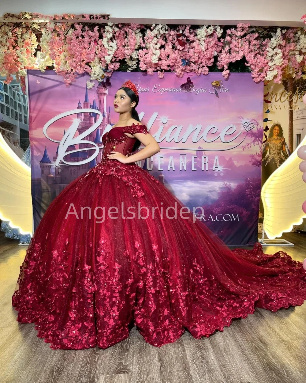 Angelsbridep 2025ชุดเดรส quinceanera สีเบอร์กันดีชุดไปงานเต้นรำผ้าปะติด3D งานพรอมชุดเดรสปาร์ตี้สำหรับผู้หญิง