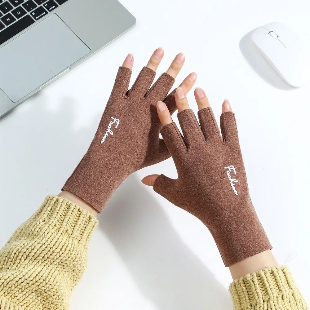 Sarung Tangan Setengah Jari Warna Solid Sarung Tangan Layar Sentuh Gaya Tipis Berlapis Bulu Hangat Sarung Tangan Tanpa Jari Anti Selip yang Dapat Bernapas