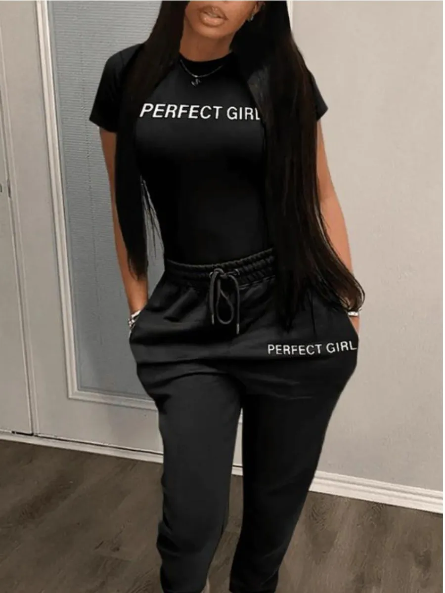 LW Letter Print 2PC Pullover Short Sleeve Crew Neck Tee+Drawstring Pants Set Trousers Two-piece Women Autumn Spring Activewear