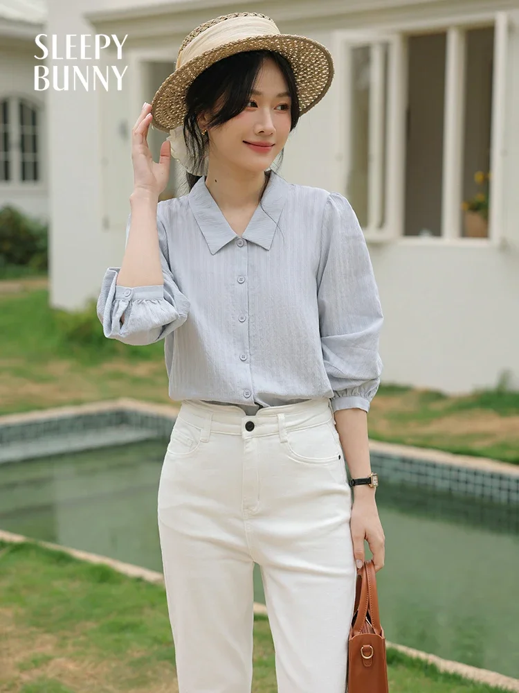 Women Subtle Striped Puff Sleeve Shirt Spring Fashion Loose Fit Elegant Office Blouse High-End Button-Up Top for Daily Wear