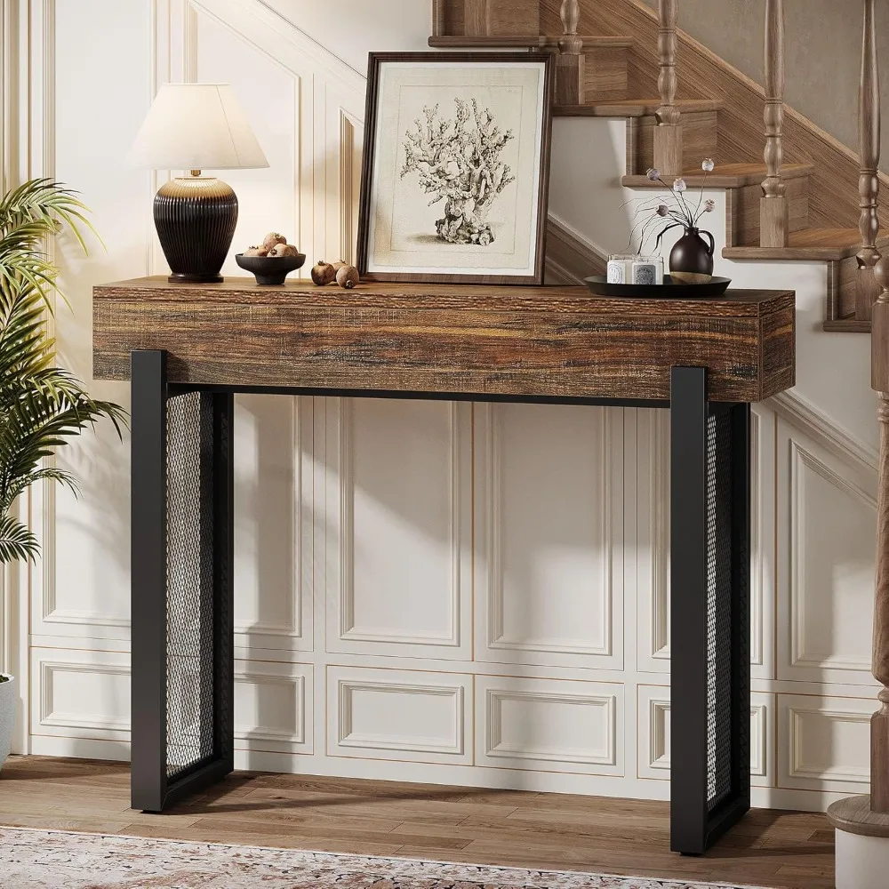 41 طاولة كونسول صغيرة، طاولة مدخل خشبية مع مساحة تخزين، طاولة أريكة صناعية ضيقة مع أرجل معدنية شبكية #3