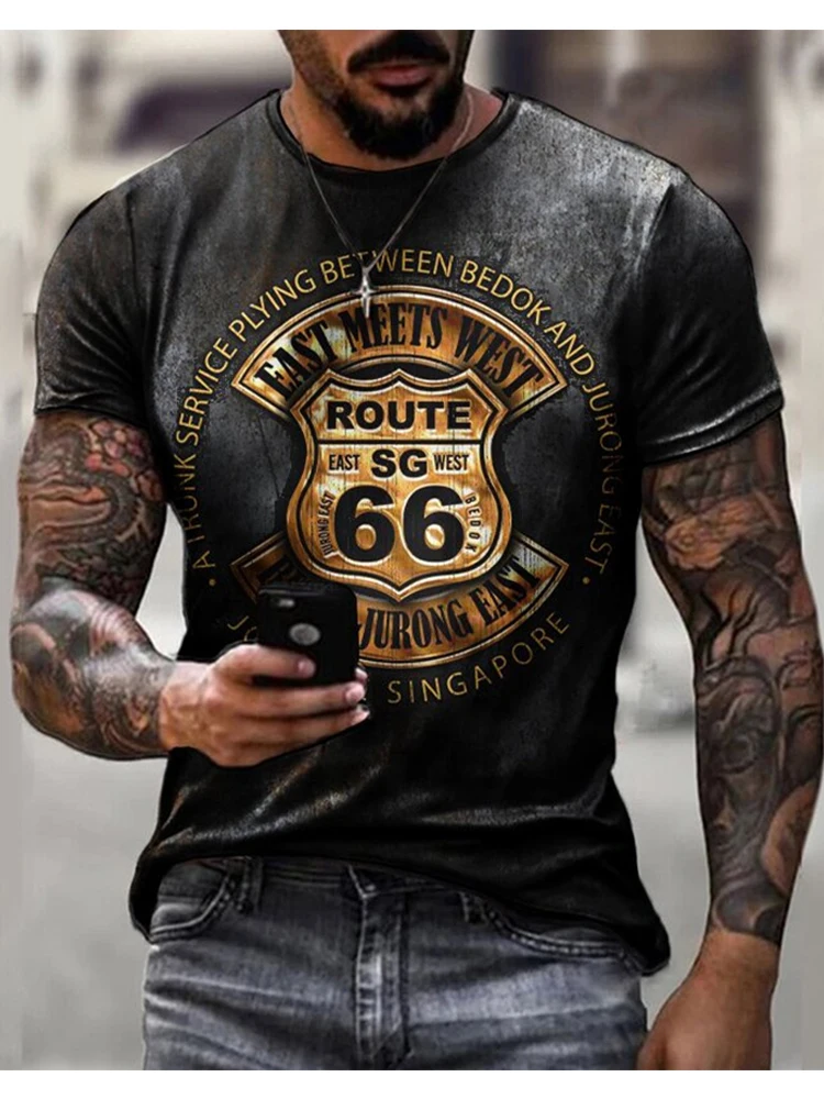 2024 Summer Men's T-shirt Route 666 3D Printed Short Sleeve Fashion Oversized Loose Tops Tees O-Neck Casual Retro Men Clothing