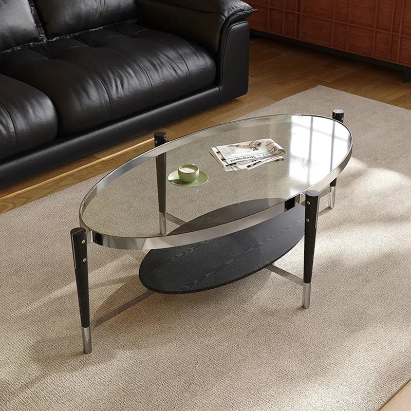 ​​Mid-Century Luxury Oval Tempered Glass Coffee Tables Stainless Steel Office Home Coffee Furniture Tavolino Da SalottoDD