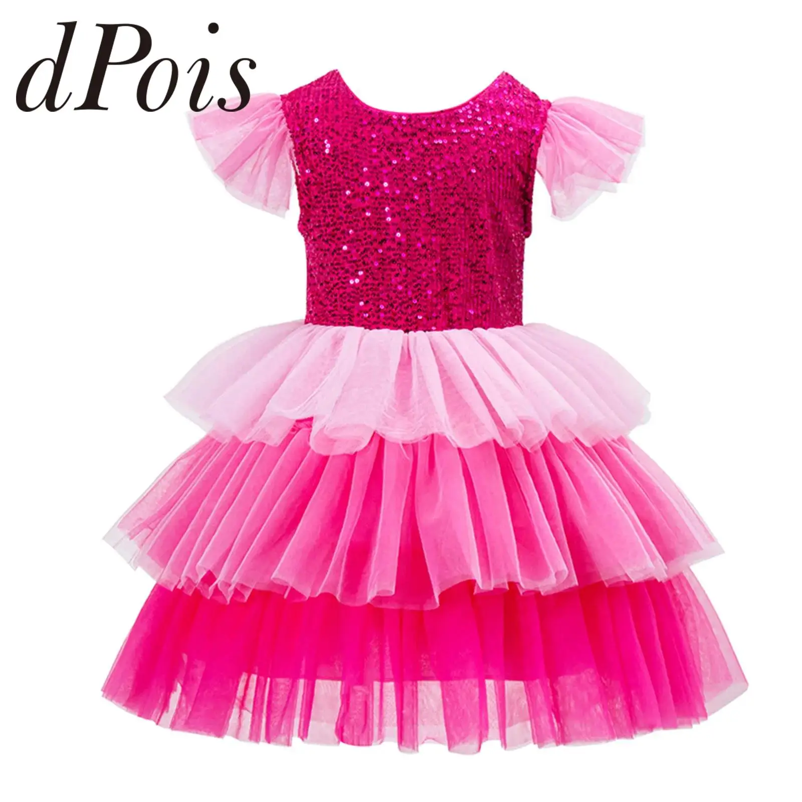 

Girls Pageant Costume Birthday Party Dress Kids Ruffled Sleeves Tutu Dress Tiered Ruffle Sparkling Sequins Dresses Hot Pink