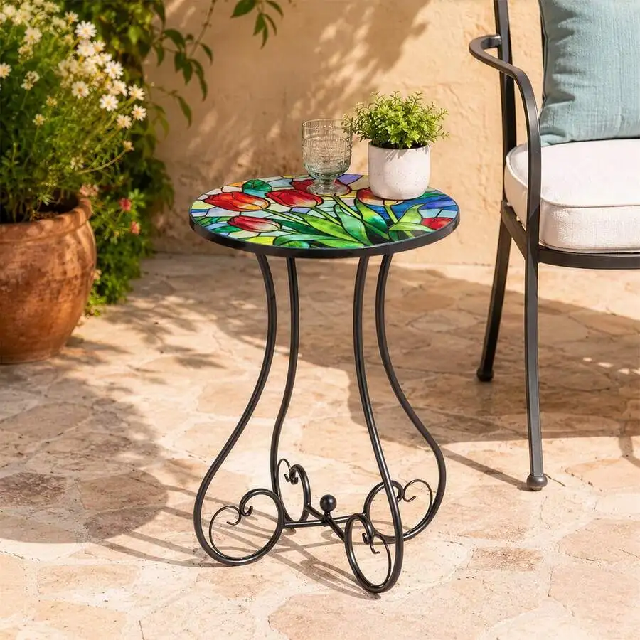 14 Inch Tulip Mosaic Side Table, Round Iron Top With Butterfly Legs, Indoor Outdoor Accent End Table