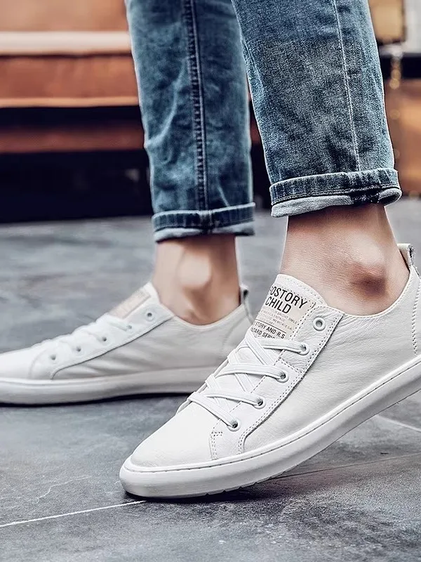 Spring 2026 Men's Soft Leather Low Heel White Sneakers Trendy Breathable Casual Cowhide Leisure Board Shoes