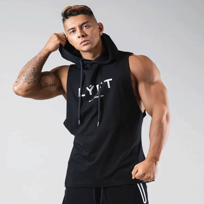 Men\'s Workout Hooded Tank Tops Bodybuilding Muscle Cut Off T Shirt Sleeveless Gym Hoodies